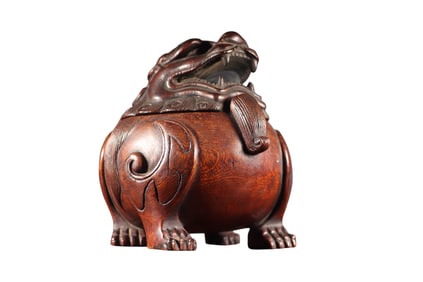 Vintage Chinese Chenxiang Wood Carved Fortune Beast Incense Burner