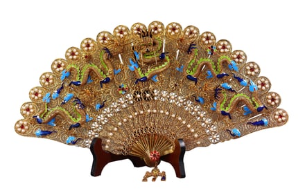 Exquisite Chinese Gold Wires Enamel Inlay Gems Fortune Dragon Fan Statue