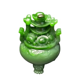 High Quality Chinese Green Hetian Jade Carved Ruyi Incense Burner