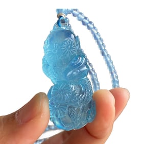 Beautiful Aquamarine Carved Snake & Gourd Pendant Hand Woven Beads Necklace