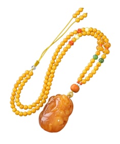 Beautiful Beeswax Carved Fortune Pixiu Pendant w Hand Woven Beads Necklace