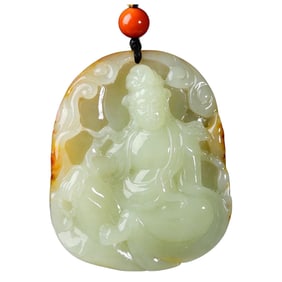 High Quality Chinese Hetian Jade Carved Kwan-yin Pendant Hand Woven Necklace