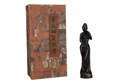 Vintage Chenxiang Wood Carved Nude Lady Statue w Box