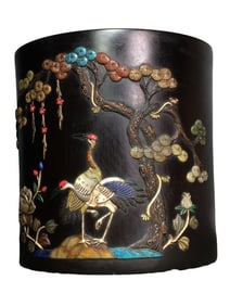 Chinese Zitan Wood Inlay Shoushan Stone & Shell Pine Tree & Crane Design Brush Pot