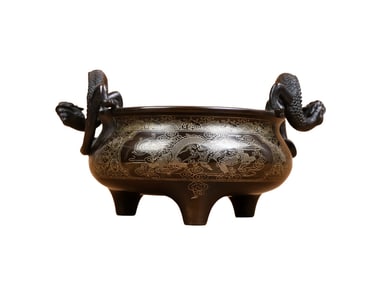 Vintage Chinese Copper Inlay Silver Wires Fortune Dragon Incense Burner