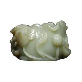 Superb Chinese Hetian Jade Carved Lotus Pod & Lotus Leaf Writing-Brush Washer