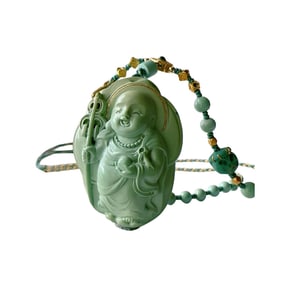 Exquisite Turquoise Carved Ksitigarbha Pendant w 18K Gold Buckle Hand Woven Beads Necklace