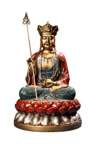 Tibetan Buddhism Colored Drawing Gilt Gold Copper Ksitigarbha Statue