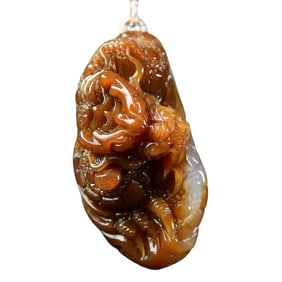 Superb Chinese Hetian Jade Carved Fortune Dragon Pendant w Hand Woven Necklace