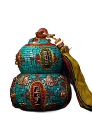 Antique Chinese Zisha Clay Inlay Turquoise & DZI Agate & Gems Gourd Statue