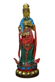 Vintage Chinese Gilt Gold Colored Drawing Peking Glass Carved Kwan-yin Statue