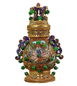 Exquisite Chinese Gold Wires Enamel Inlay Gems Pot