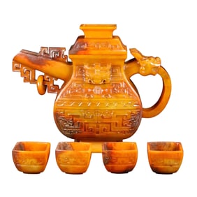 A Set Vintage Chinese Hetian Jade Carved Fortune Dragon Wine Pot w Cups
