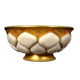 Vintage Chinese Gilt Gold Copper Inlay Hetian Jade Bowl