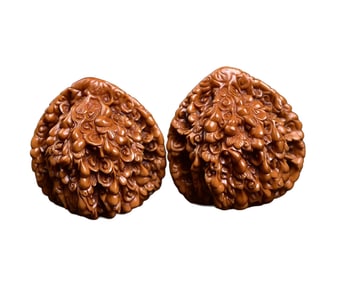 A Pair Vintage Walnut Carved Gourd Gymnastic Ball