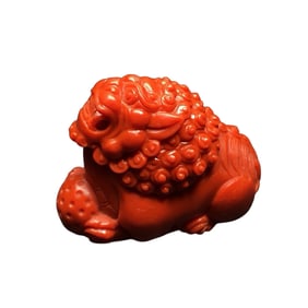 Chinese Nanhong Agate Carved Fortune Lion Statue