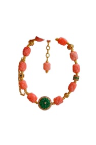 Hand Woven Exquisite 18K Gold Inlay Pink Coral & Green Jadeite Beads Bracelet