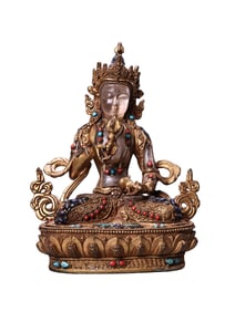 Tibetan Buddhism Gilt Gold Copper Inlay Crystal & Turquoise & Gems Vajrapani Statue