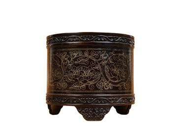 Vintage Chinese Copper Inlay Silver Wires Flowers Design Incense Burner
