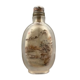 Old Chinese Crystal Inside Painting Mountain River Scene Design Snuff Bottle w Stopper