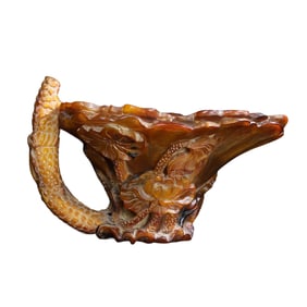 Vintage Ox Horn Carved Lotus Leaf & Lotus Flower Wine Cup