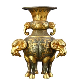 Vintage Chinese Gilt Gold Copper Three Sheep Vase