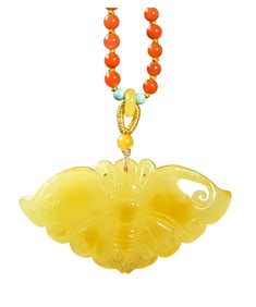 Beautiful Beeswax Carved Butterfly Pendant w Hand Woven Nanhong Agate Beads Necklace