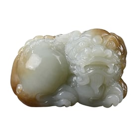 Superb Chinese Hetian Jade Carved Fortune Lion Statue w Certificate