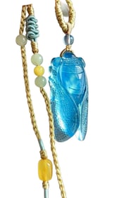 Beautiful Aquamarine Carved Fortune Cicada Pendant w Hand Woven Necklace