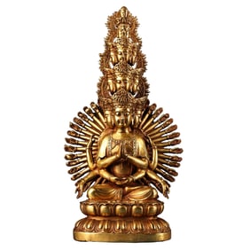 Vintage Gilt Gold Copper Thousand-Hand Kwan-yin Statue
