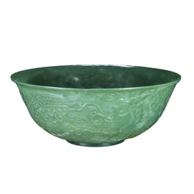 Superb Chinese Green Hetian Jade Low Relief Fortune Dragon Bowl