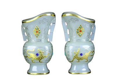 A Pair Superb Chinese Silver Plated Gilt Gold Hetian Jade Wine Vessel
