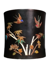 Chinese Zitan Wood Inlay Shoushan Stone & Shell & Lapis Lazuli & Turquoise Bird Design Brush Pot