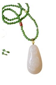 Chinese Hetian Jade Carved Lotus Flower Pendant w Green Hetian Jade Beads Necklace
