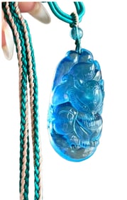 Beautiful Aquamarine Carved Nine-tailed Fox Pendant w Hand Woven Beads Necklace