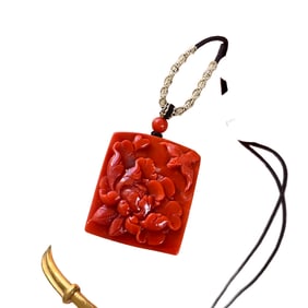 Chinese Nanhong Agate Carved Flower Bird Pendant