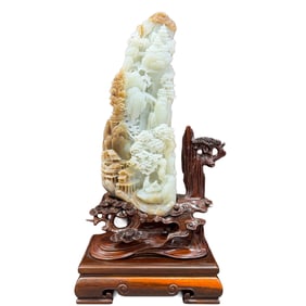 Superb Chinese Hetian Jade Carved Pine Tree & Figure Statue