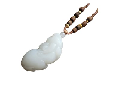 Superb Chinese White Hetian Jade Carved Fortune Pixiu Pendant w Hand Woven Necklace