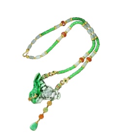 Exquisite Green Jadeite Carved Lotus Leaf & Lotus Flower Pendant w Hand Woven Beads Necklace