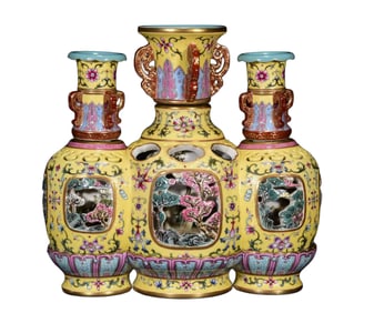 Openwork Chinese Qing Dynasty Gilt Edge Famille Rose Tree Design Conjoined Porcelain Vase