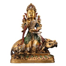 Tibetan Buddhism Colored Drawing Gilt Gold Copper Buddha Statue