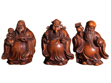 A Set Three Chinese Boxwood Wood Carved Taoism Deity Fukurokuju Statue