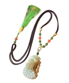Chinese Hetian Jade Carved Phoenix Pendant w Hand Woven Necklace