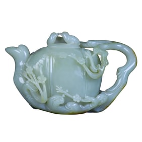 Superb Chinese Hetian Jade High Relief Plum Flower & Magpie Teapot