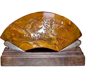 Superb Vintage Chinese Tianhuang Stone Low Relief Pine Tree & Figure Statue