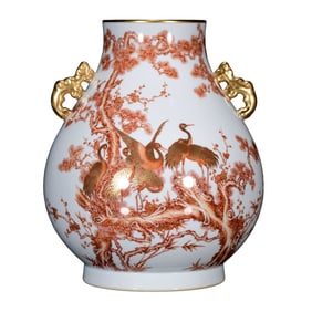 Chinese Qing Dynasty Gilt Edge Iron Red Glaze Pine Tree & Crane Design Porcelain Vase