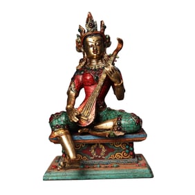 Tibetan Buddhism Gilt Gold Copper Inlay Turquoise & Gems Miaoyin Buddha Statue