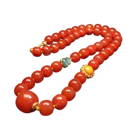 Chinese Nanhong Agate & Jadeite & Beeswax Beads Necklace