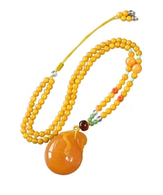 Beautiful Beeswax Carved Money Bag Pendant w Hand Woven Beads Necklace