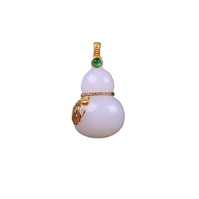 Superb Chinese 18K Gold Inlay White Hetian Jade Carved Gourd Pendant